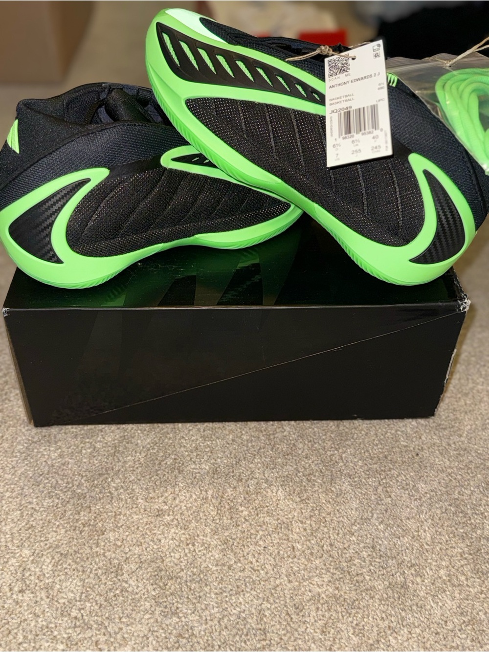 Anthony Edward’s Adidas M7, W8, Black and Neon Green Athletic Sneakers
